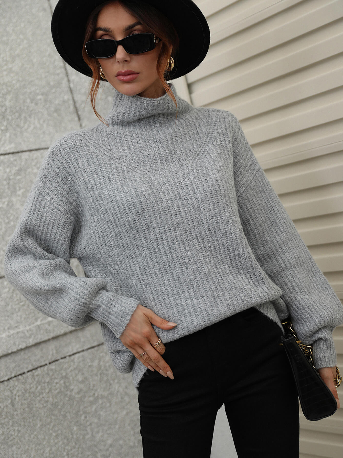 "Girl Who Never Left Her Hometown" High Neck Balloon Sleeve Rib-Knit Pullover Sweater
