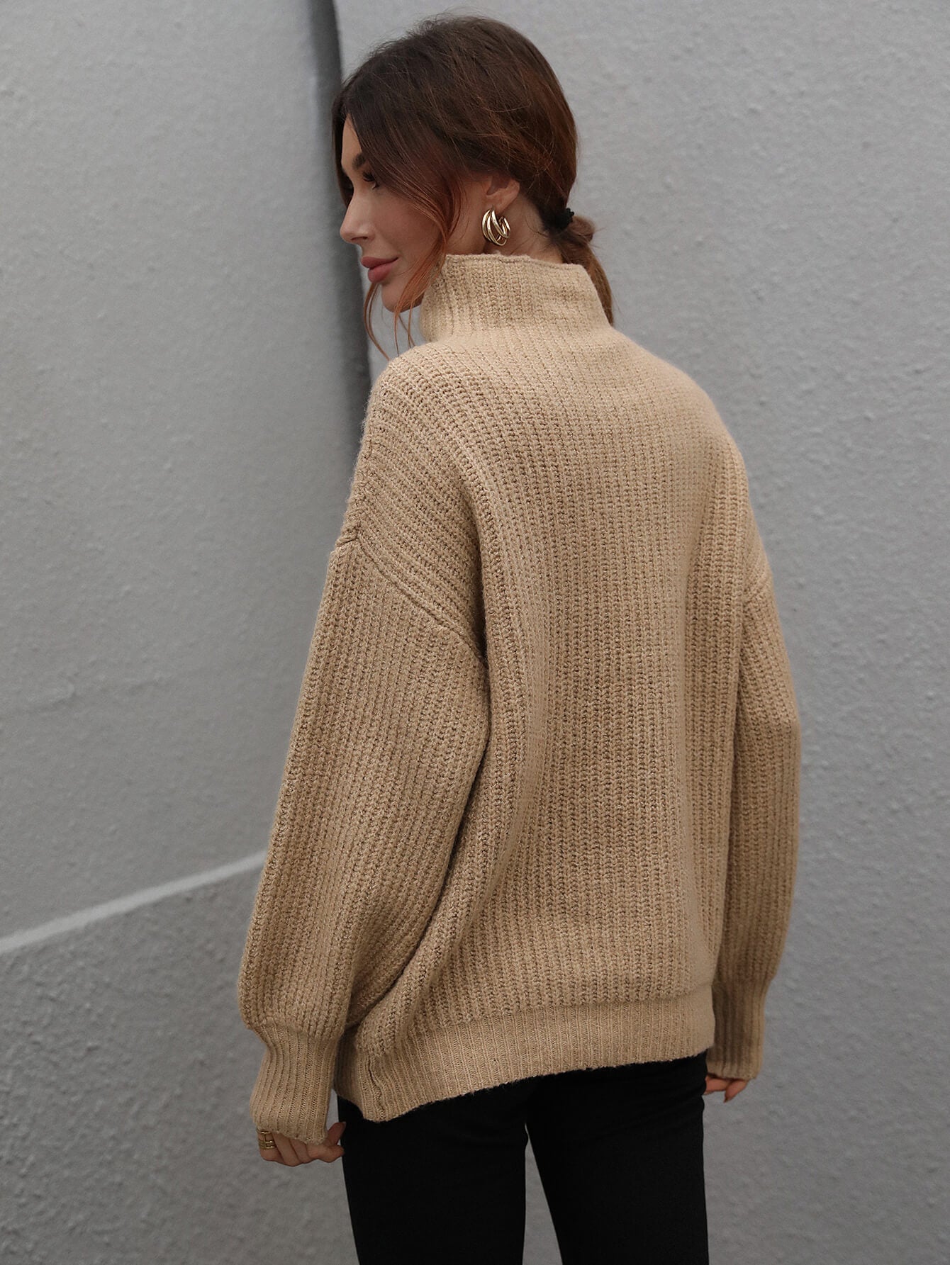 "Girl Who Never Left Her Hometown" High Neck Balloon Sleeve Rib-Knit Pullover Sweater