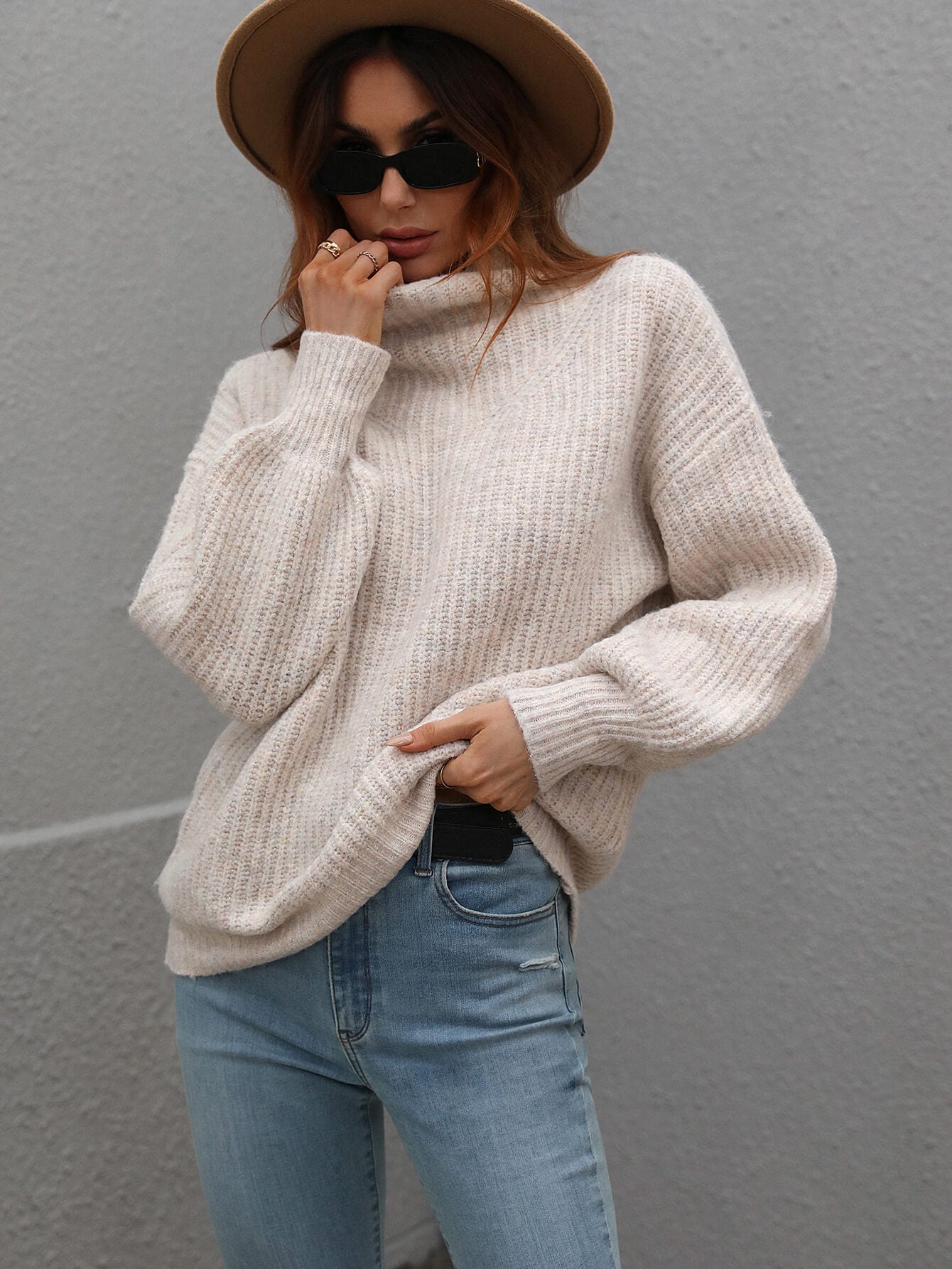 "Girl Who Never Left Her Hometown" High Neck Balloon Sleeve Rib-Knit Pullover Sweater