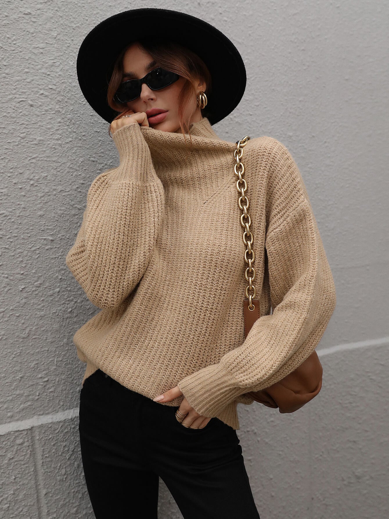"Girl Who Never Left Her Hometown" High Neck Balloon Sleeve Rib-Knit Pullover Sweater