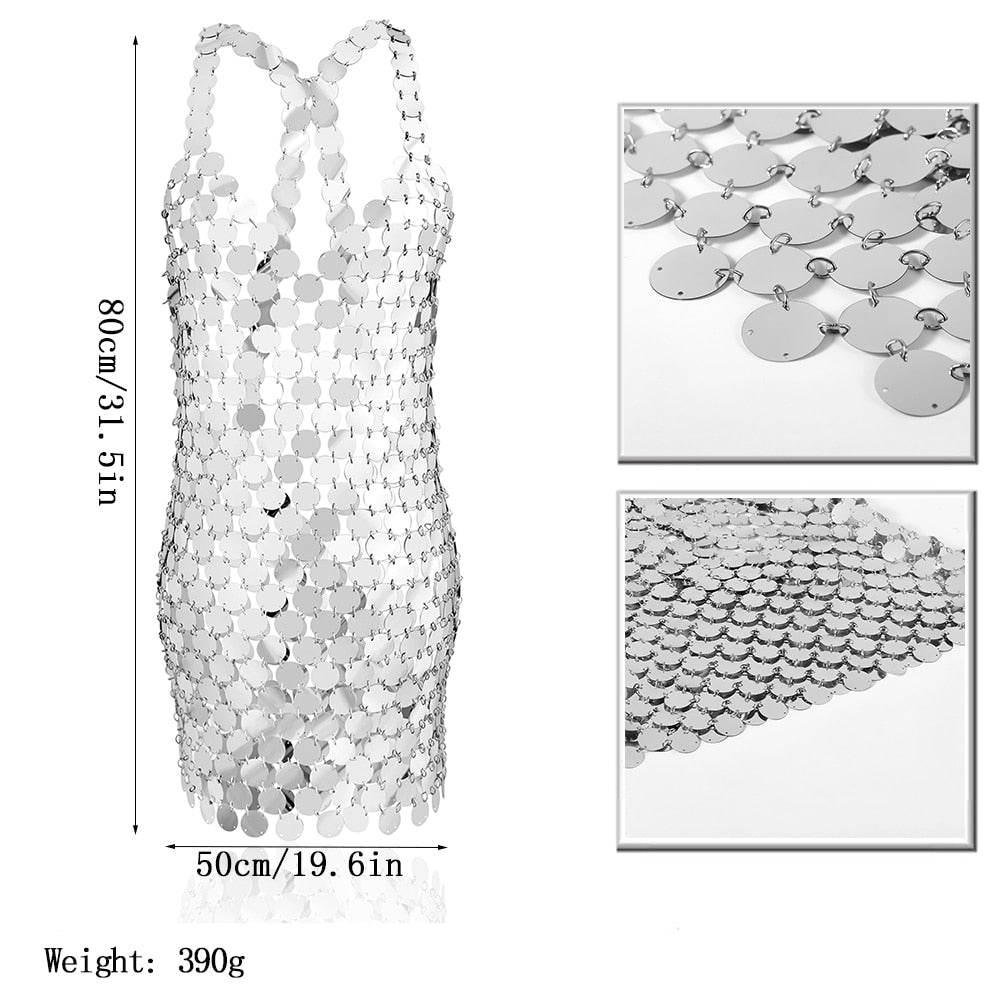 "DISCOLAND Birthday Suit" Handmade Silver Sequins Chain Dress