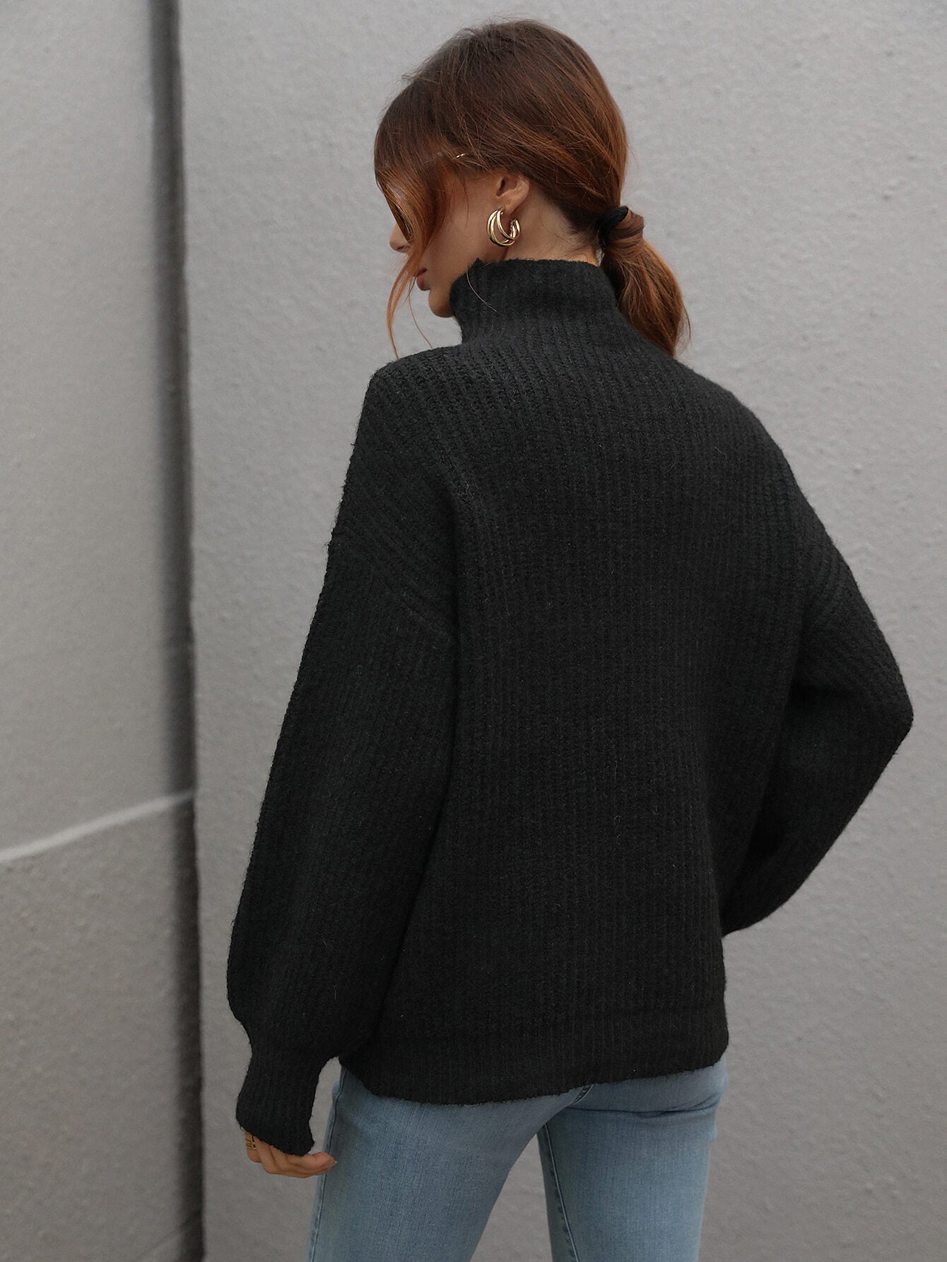 "Girl Who Never Left Her Hometown" High Neck Balloon Sleeve Rib-Knit Pullover Sweater
