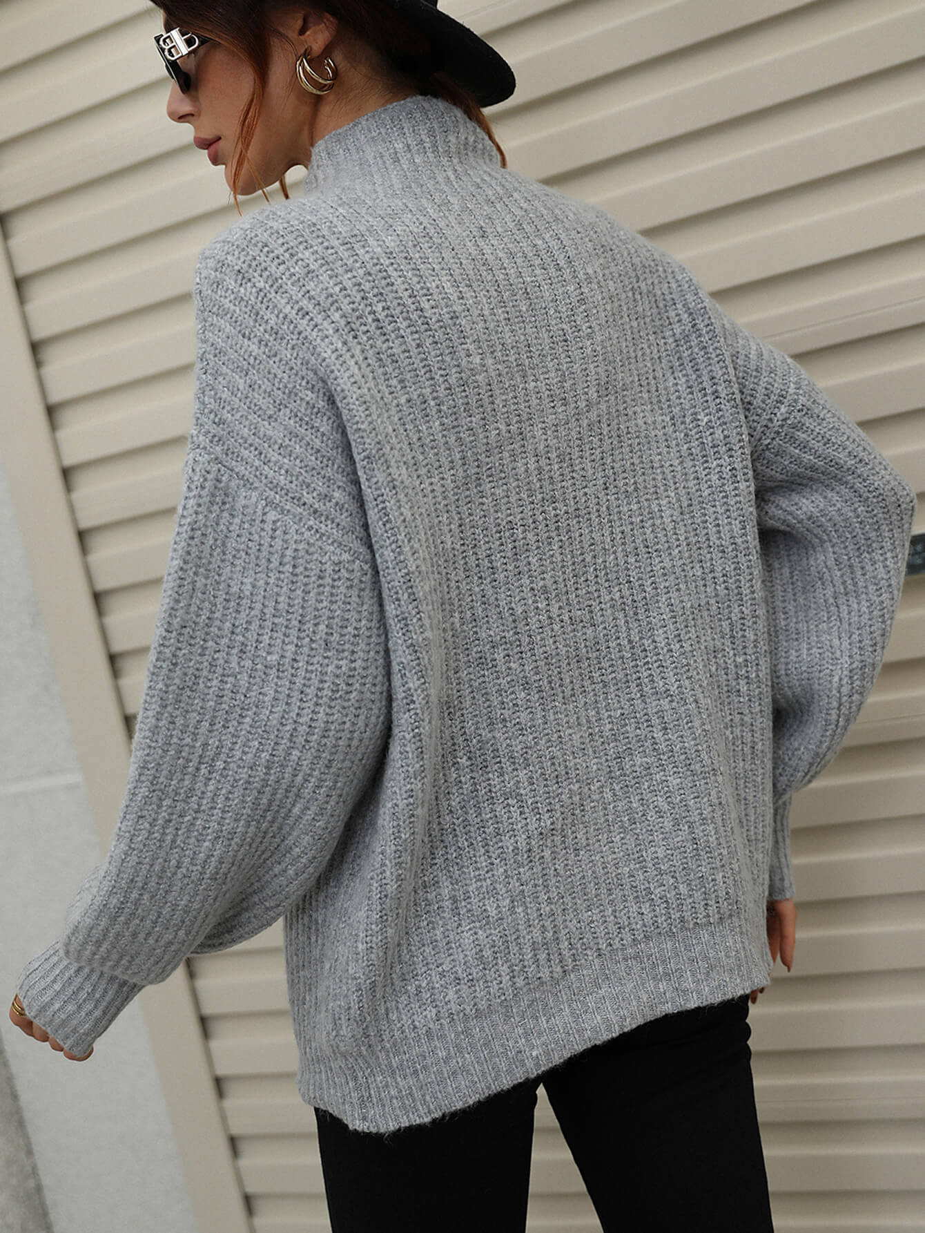 "Girl Who Never Left Her Hometown" High Neck Balloon Sleeve Rib-Knit Pullover Sweater