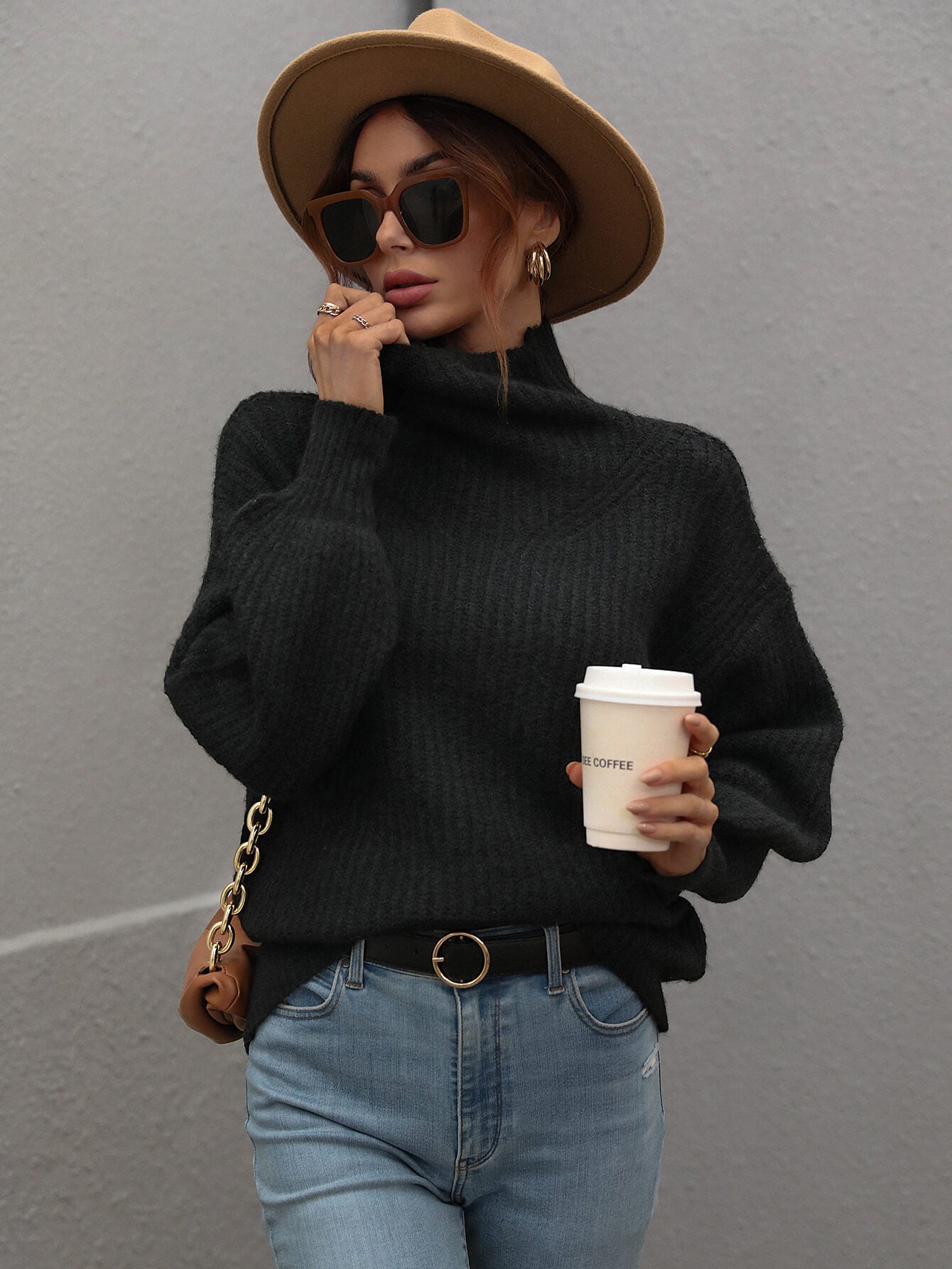 "Girl Who Never Left Her Hometown" High Neck Balloon Sleeve Rib-Knit Pullover Sweater