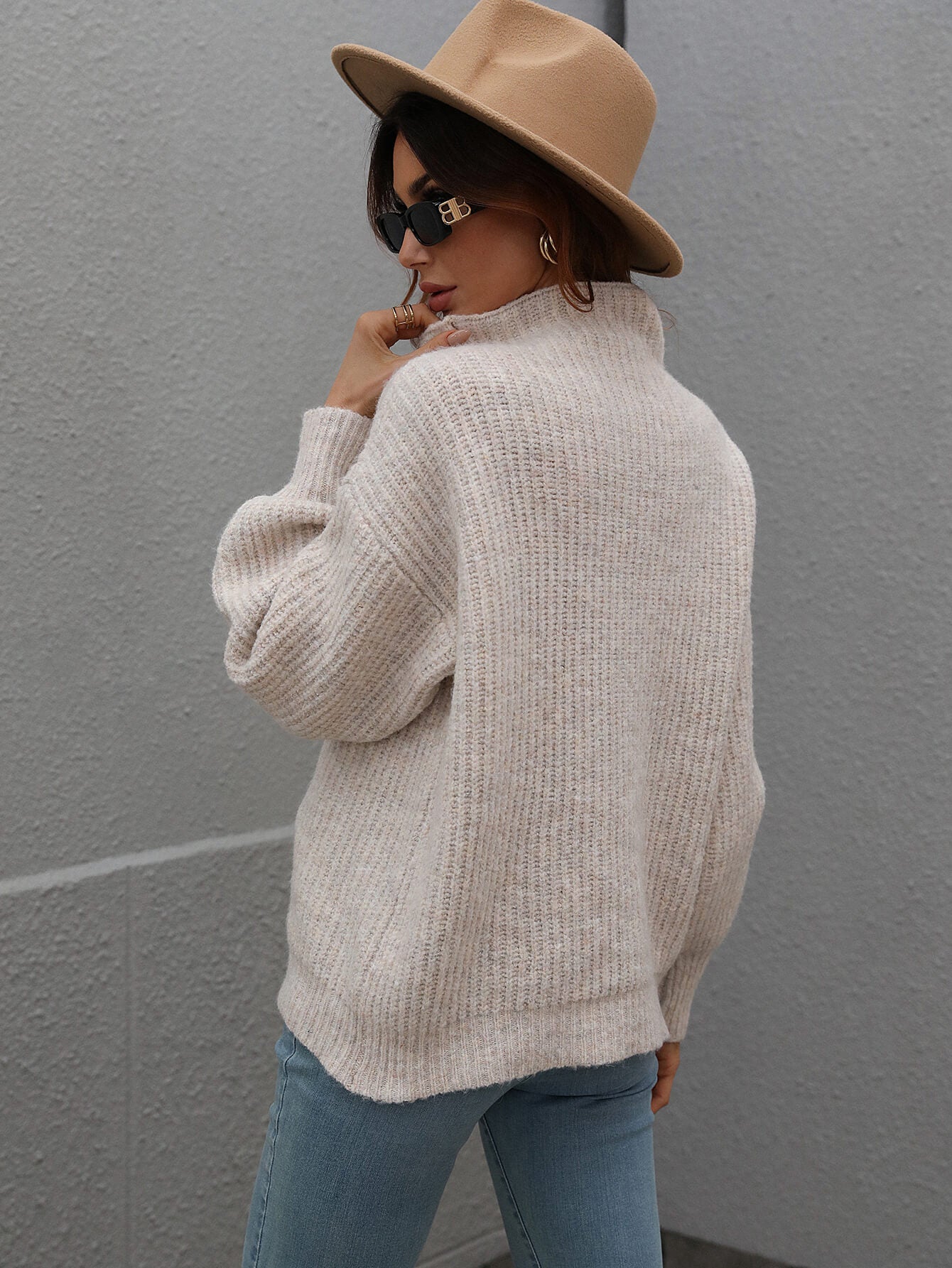 "Girl Who Never Left Her Hometown" High Neck Balloon Sleeve Rib-Knit Pullover Sweater