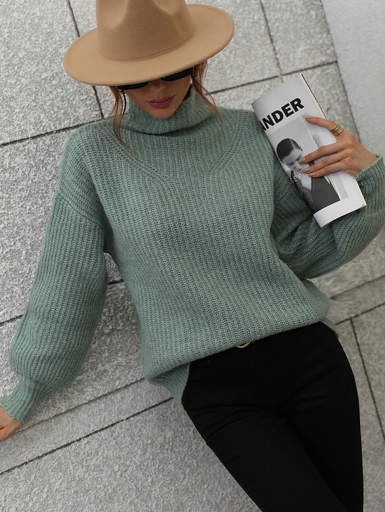 "Girl Who Never Left Her Hometown" High Neck Balloon Sleeve Rib-Knit Pullover Sweater