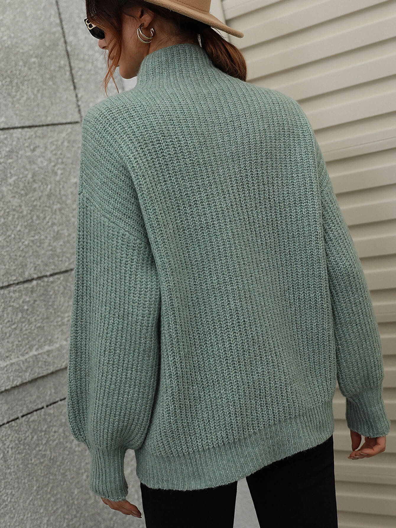 "Girl Who Never Left Her Hometown" High Neck Balloon Sleeve Rib-Knit Pullover Sweater