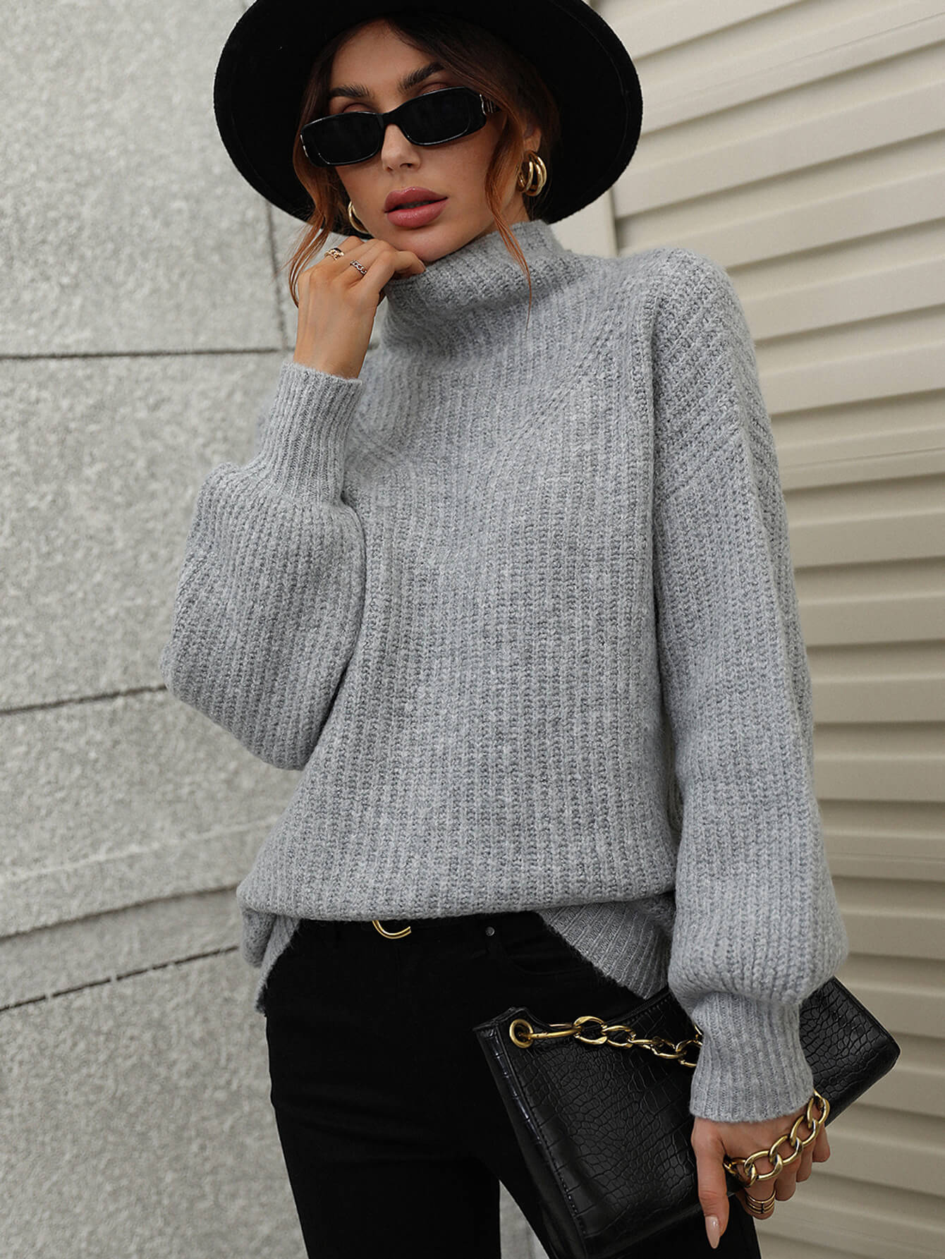 "Girl Who Never Left Her Hometown" High Neck Balloon Sleeve Rib-Knit Pullover Sweater